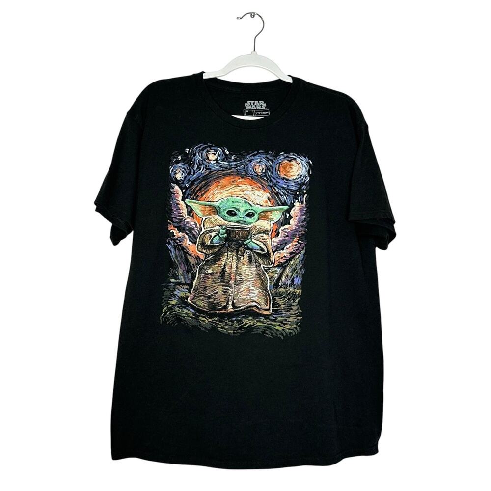 Starry Night Star Wars Gorgu Child Baby Yoda Mandalorian T-Shirt Large Van Gogh